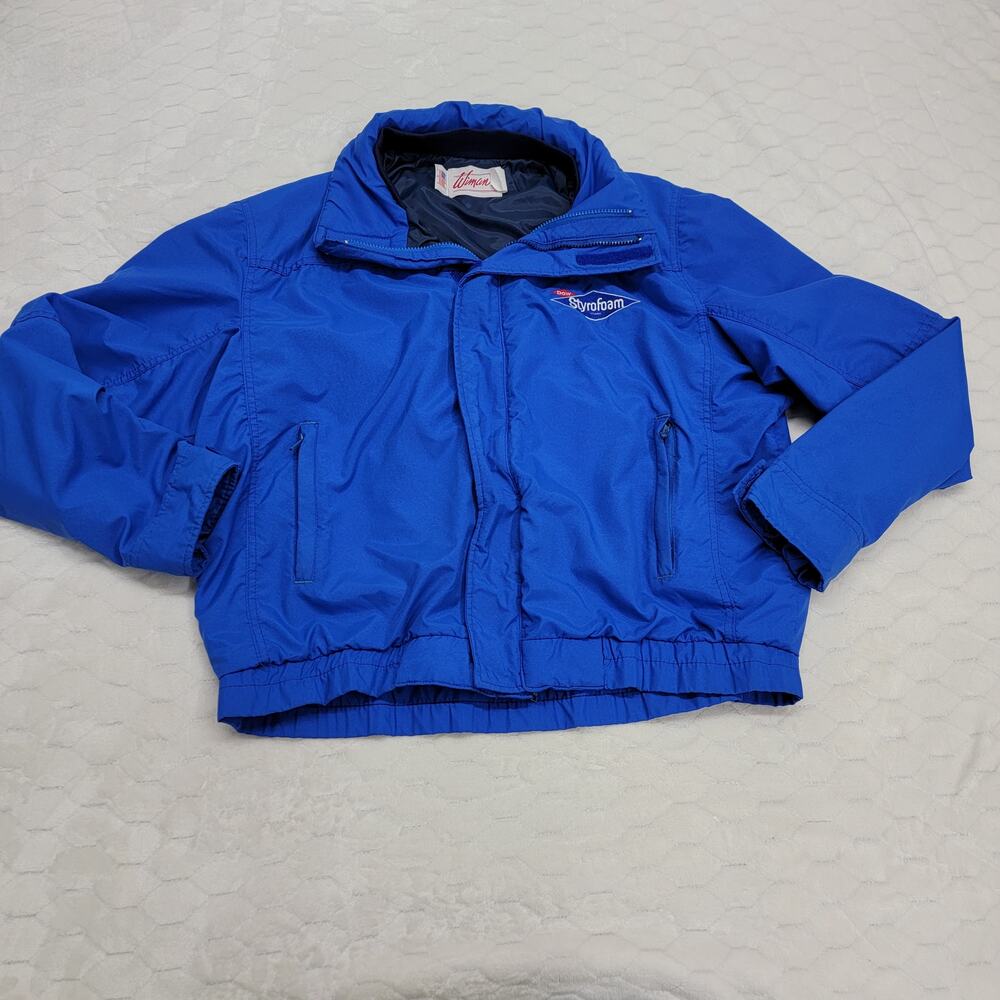 Vintage 80s Wiman Dow Styrofoam Insulation Jacket Made in USA Blue Nylon Large